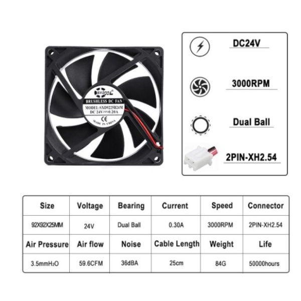 Ventilador 24V 0.4 A, 2 Pin 90x90x25mm. Dual ball. Soldadoras y otros