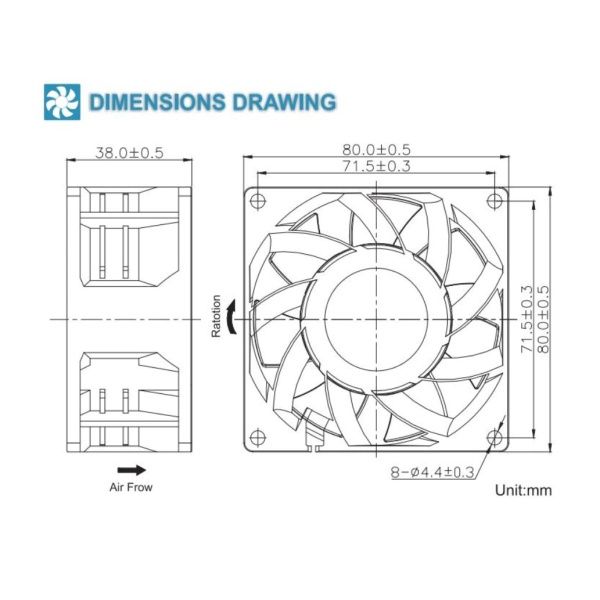 Ventilador 24Vdc 10.8W 0,45A 80x80x38mm.Soldadoras y otros