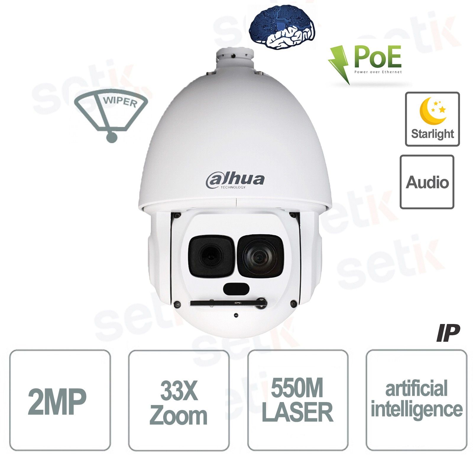 Cámara Dahua IP PTZ con AI 2MP 33X LASER 550 Hi PoE Alarma/Audio/Slot MicroSD Starlight IVS IP67.Dahua